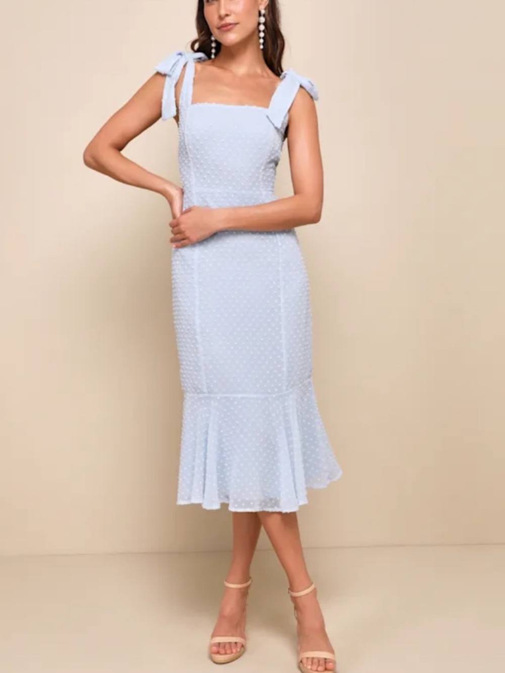 LULU’s BIMINI SWISS DOT LIGHT BLUE TIE-SHOULDER MIDI-DRESS SUMMER DRESS NWT HOT!